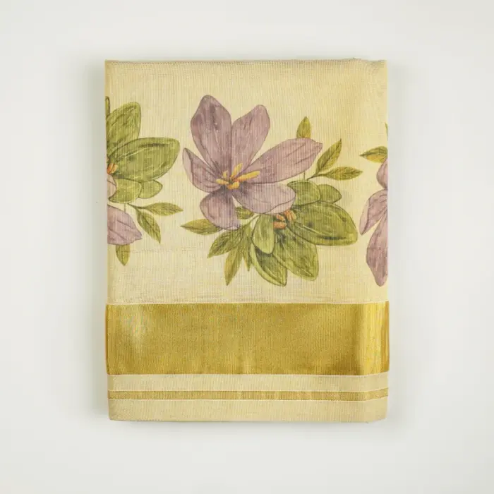 Kerala Tissue Saree with Digital Floral Print & Golden Kasavu Border