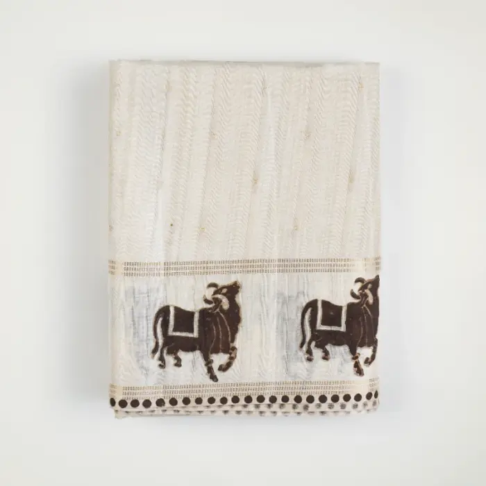Off-White Semi Tussar Pichwai Saree with Cow Motifs & Zari Border