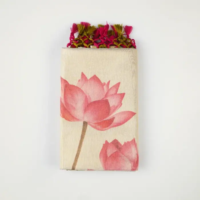Golden Kerala Tissue Saree with Lotus Floral Design & Handcrafted Tassels