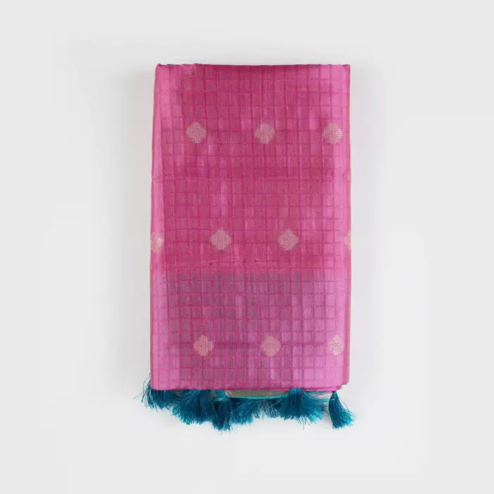 Semi Tussar Checkered Saree with Zari Motifs & Statement Tassels