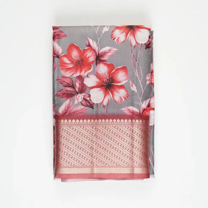 Grey Floral Digital Print Saree with Traditional Inspired Border