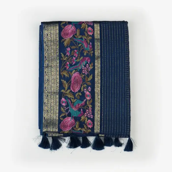 Deep Blue Semi Tussar Saree with Paithani Inspired Border