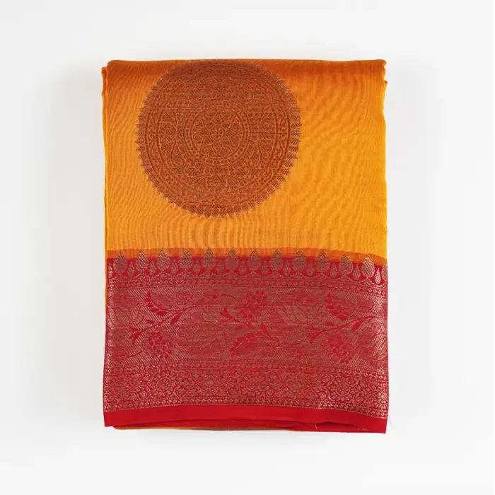 Pure Chanderi Saree – Yellow with Maroon Zari Details