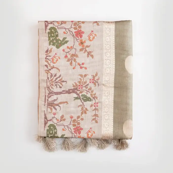 Semi Chanderi Saree with Paithani-Inspired Floral Motifs & Olive Green Zari Border