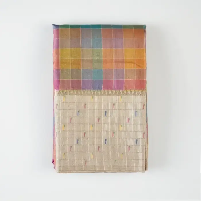 Semi Tussar Pastel Multicolour Checks Saree with Woven Thread Motifs