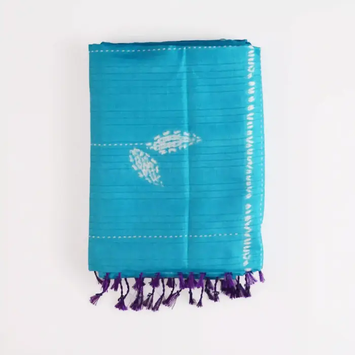 Fancy Tussar Saree in Turquoise Blue & Royal Purple with Tassel Details