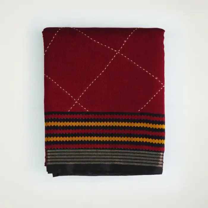 Deep Wine & Black Semi Chanderi Saree with Hand Kantha Stitching